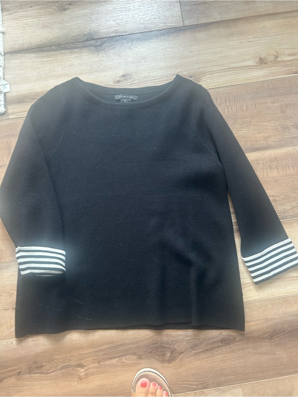 Tahari Black Knit Crewneck Sweater with Striped Cuffs